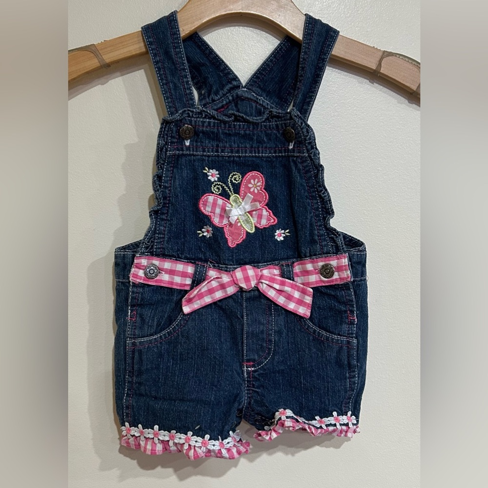 90’s Baby Girl Checkered Butterfly Ruffle Denim Overalls Size 24 Months Floral